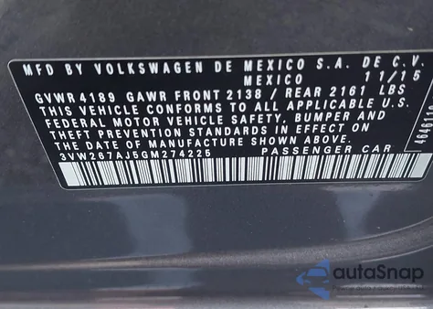 2016 Volkswagen Jetta 1.4T S из США, поврежденный, VIN 3VW267AJ5GM274225